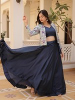 Navy Blue Chinon Koti Style Lehenga Choli